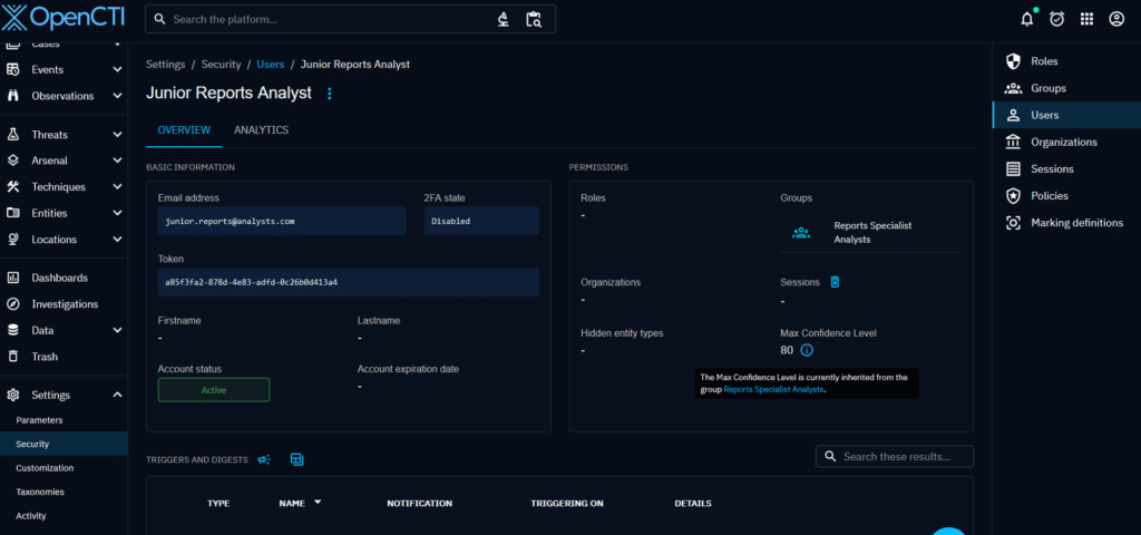 Example of a junior analysts overview with group’s confidence level inheritance