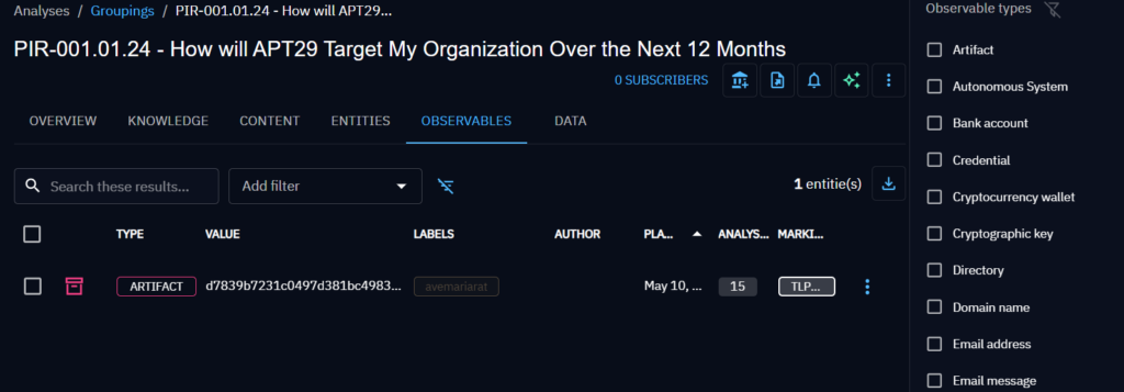 Example of tying entities collected to the PIRs within the grouping container - details