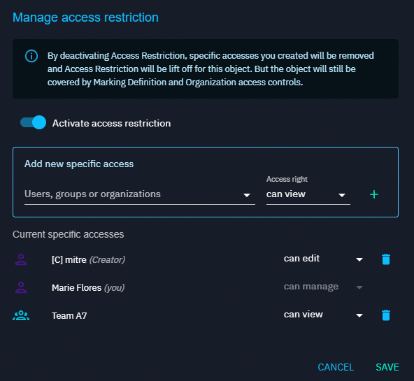 Manage access restriction configuration pop up.